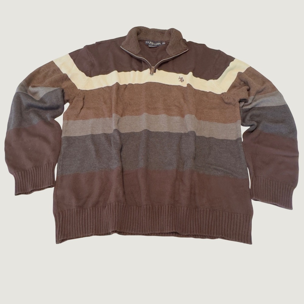 US Polo Assn Quarter Zip Sweater Brown Striped Sherpa Collar XXL